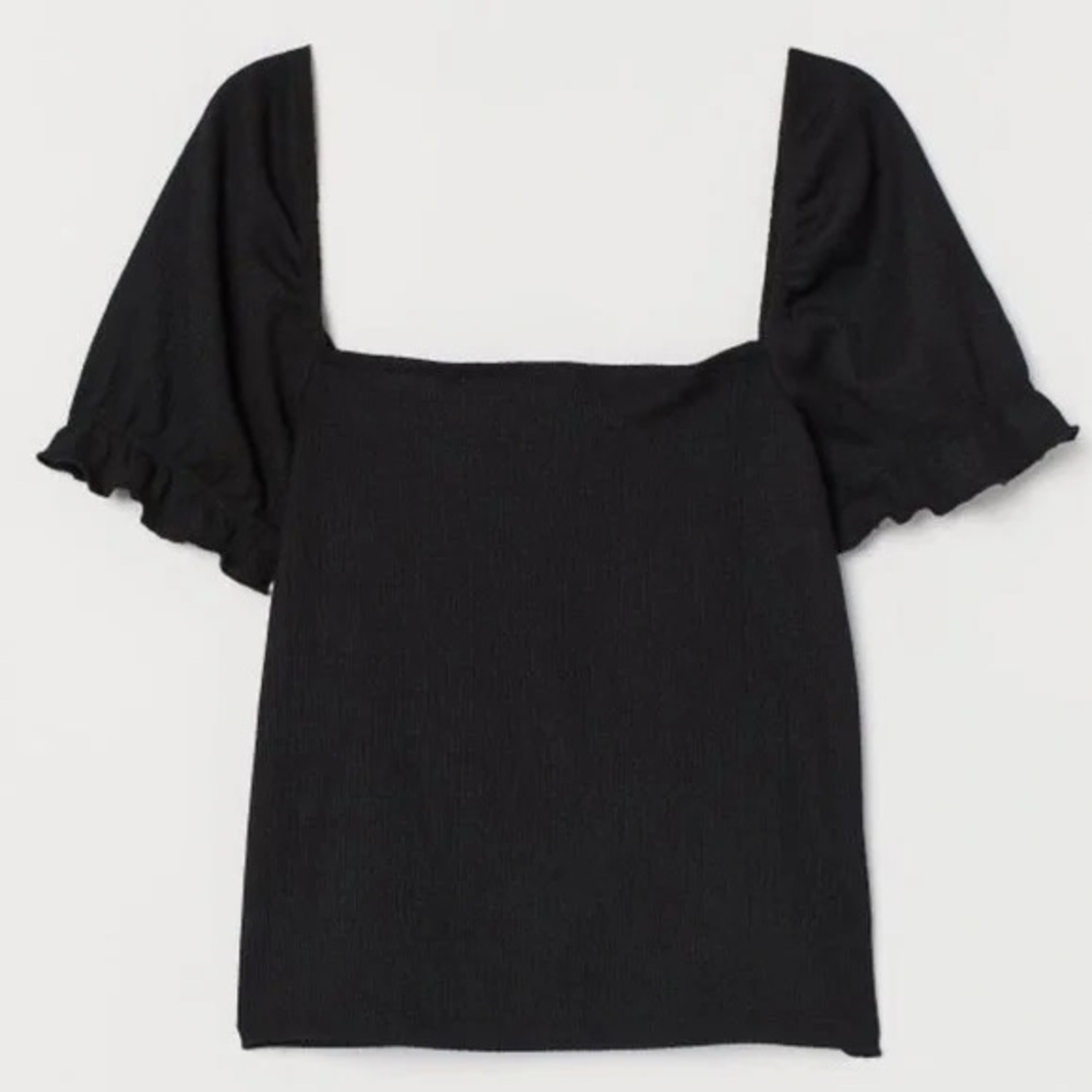 H&M NWT black textured square neck short sleeve puff sleeve top - Picture 2 of 4